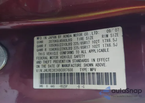 2008 Honda Cr-V Lx z USA, uszkodzony, nr VIN JHLRE383X8C007608